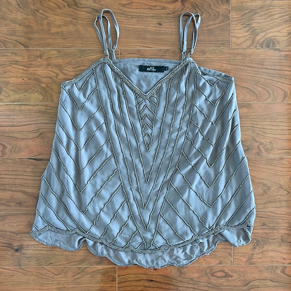 BKE Boutique Beaded Taupe Scallop Trim Spaghetti Strap V Neck Tank Top Blouse